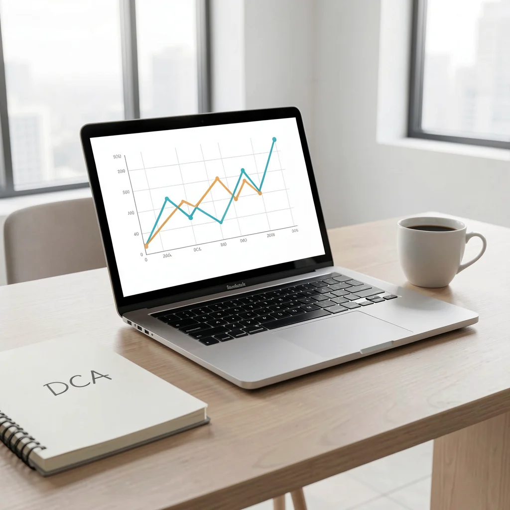 Mesa minimalista com laptop exibindo gráfico abstrato de DCA, caderno e xícara de café