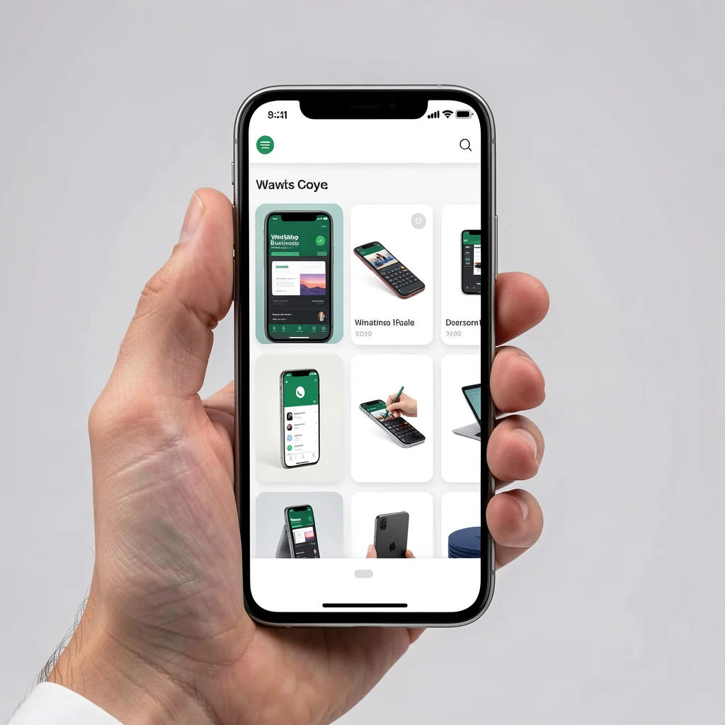 Smartphone exibindo catálogo de produtos do WhatsApp Business com fotos e preços, em estilo editorial sofisticado.