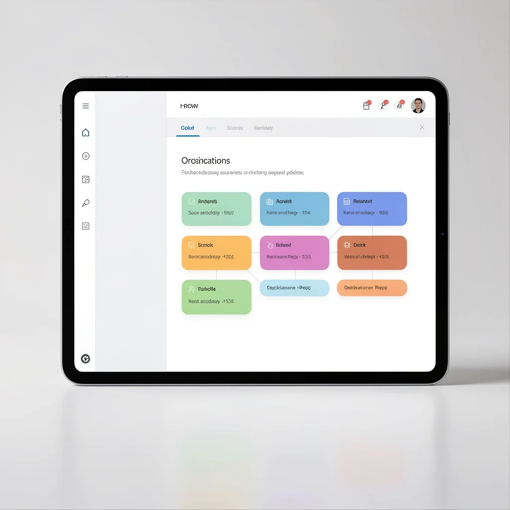 Tablet exibindo painel organizado com etiquetas coloridas e respostas rápidas do WhatsApp Business.