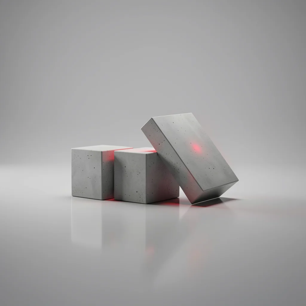 Três blocos de concreto geométricos, um inclinado, com iluminação suave e detalhe vermelho, representando erros empresariais.