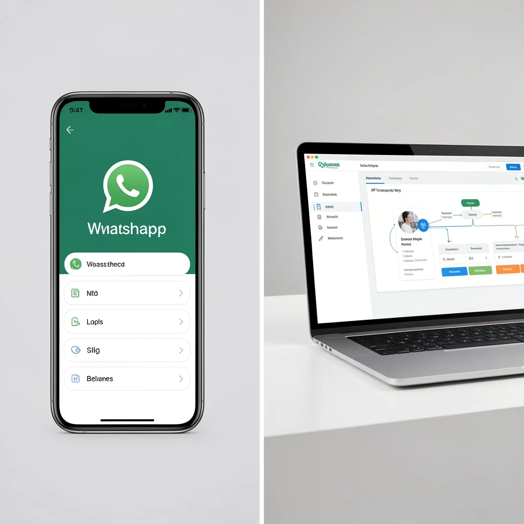Comparação visual entre o aplicativo gratuito do WhatsApp Business em um smartphone e a integração via API em um laptop, em estilo editorial corporativo.