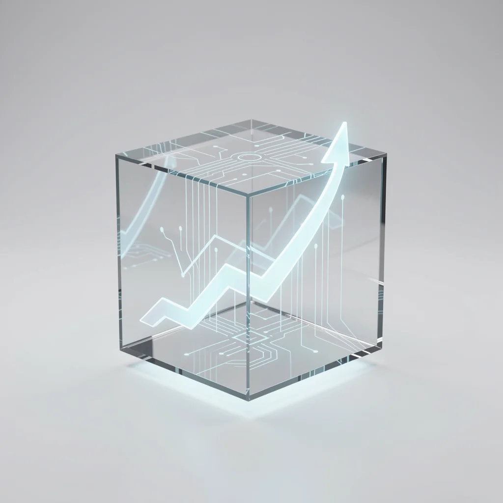 Cubo de vidro com linhas de dados e setas ascendentes simbolizando crescimento e escalabilidade com WhatsApp Business.
