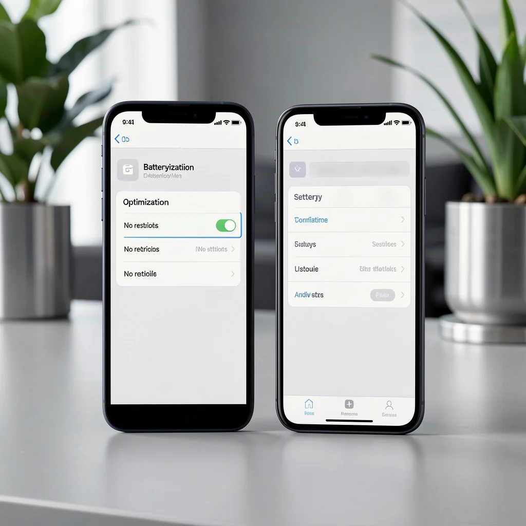 Dois smartphones lado a lado, um Android e um iPhone, exibindo telas de configurações de notificações e bateria