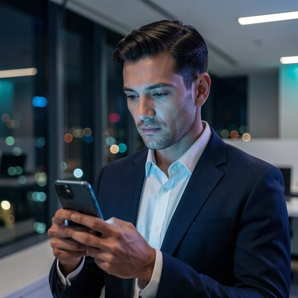 Executivo em escritório moderno observando smartphone com iluminação cinematográfica.