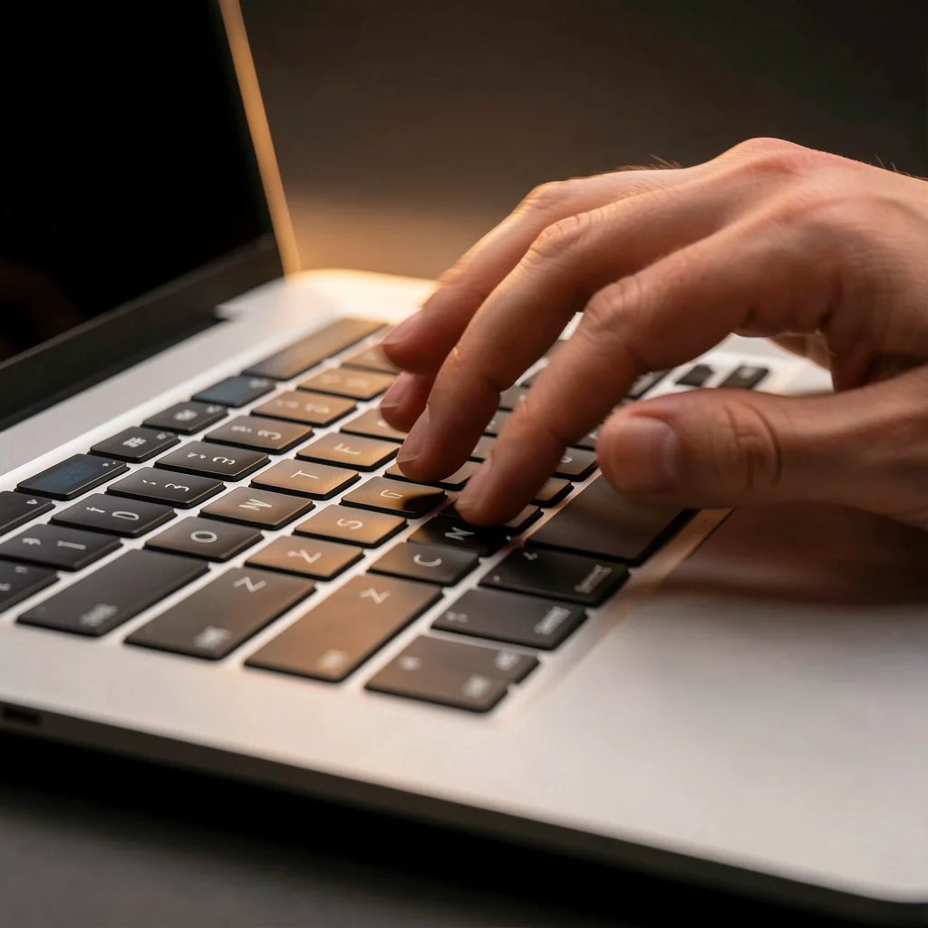 Mãos digitando em teclado de laptop com iluminação suave, representando produtividade com atalhos.
