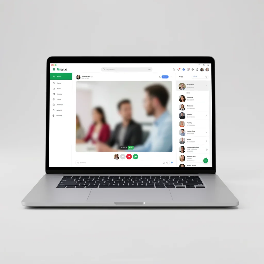Captura de tela minimalista do WhatsApp Web em um notebook, exibindo uma chamada de vídeo com participantes em formato de bolhas abstratas.
