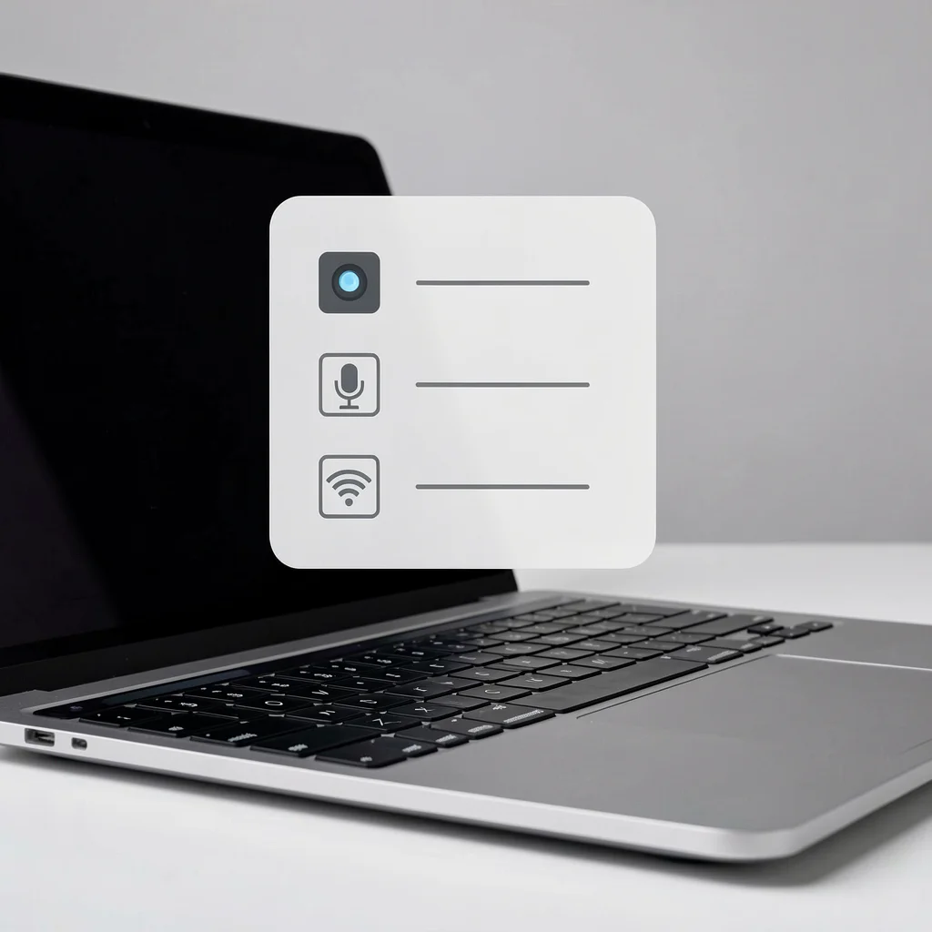 Ilustração conceitual de requisitos para chamada de vídeo: webcam, microfone e conexão de internet representados por ícones minimalistas sobre um teclado de notebook.