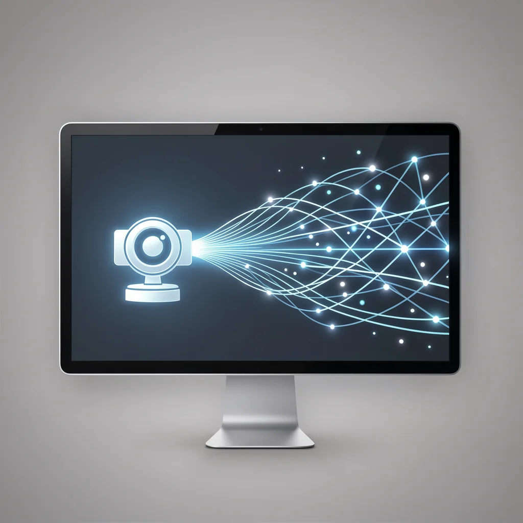 Metáfora visual de conexão de internet de alta velocidade para chamadas de vídeo, com linhas de fibra óptica e partículas luminosas fluindo entre uma webcam e uma tela.