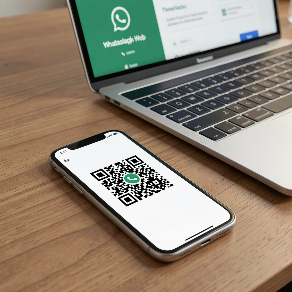 Smartphone exibindo código QR do WhatsApp Web sobre mesa de madeira com laptop ao fundo