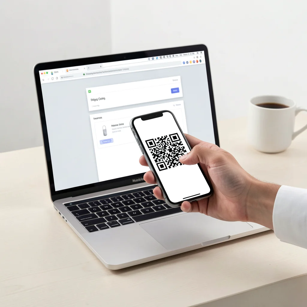 Mão segurando smartphone escaneando código QR na tela de um laptop