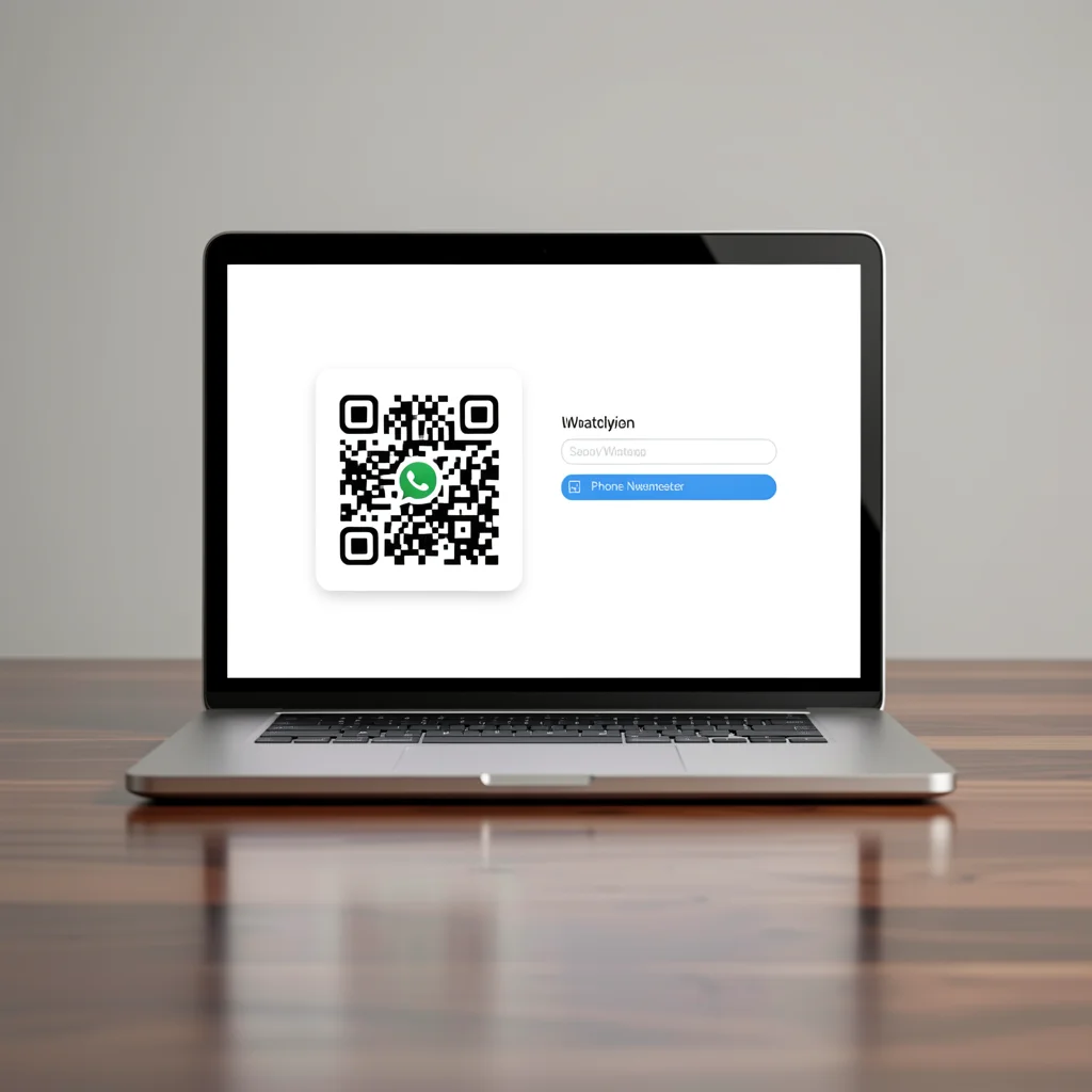Tela de notebook exibindo interface de login do WhatsApp Web com código QR e campo para número de telefone, em estilo corporativo elegante