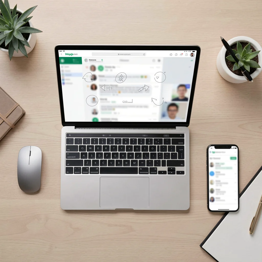 Vista superior de mesa de escritório com teclado, mouse e smartphone, destacando atalhos de teclado do WhatsApp Web