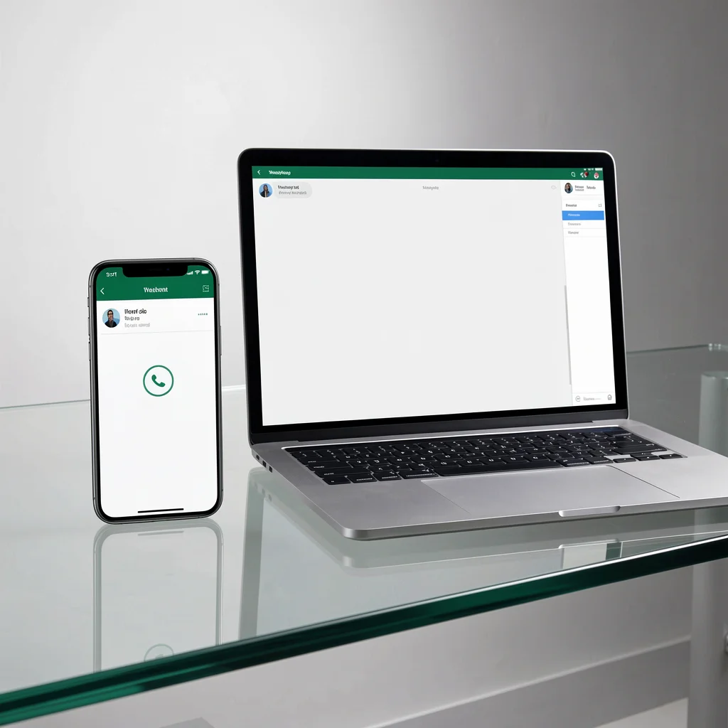 Smartphone e laptop em uma mesa de vidro com telas do WhatsApp Web desconectado, simbolizando falha de sincronização