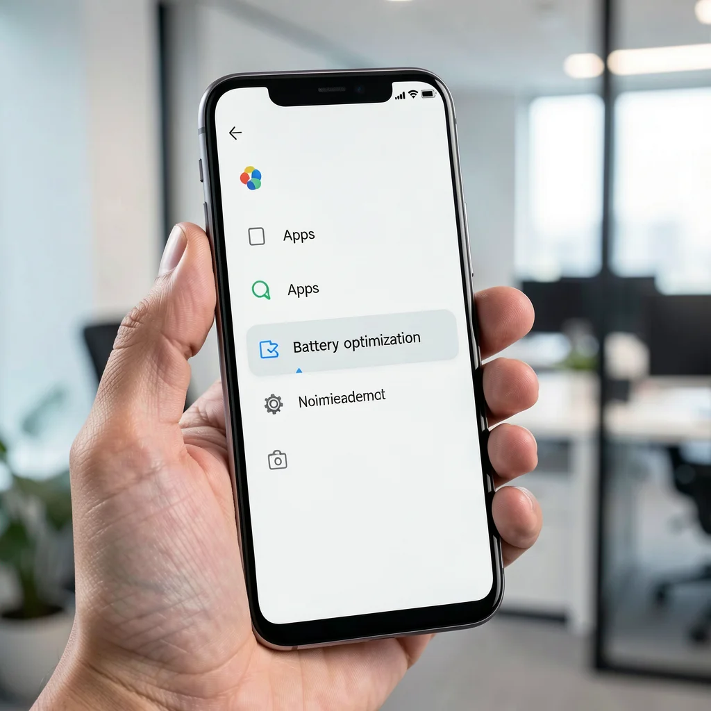 Tela de configurações do Android com destaque para otimização de bateria e aplicativos, essencial para sincronização do WhatsApp Web