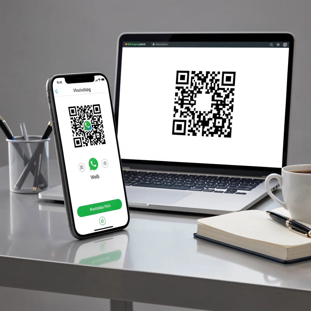 Smartphone escaneando um QR code na tela do laptop para reconectar ao WhatsApp Web