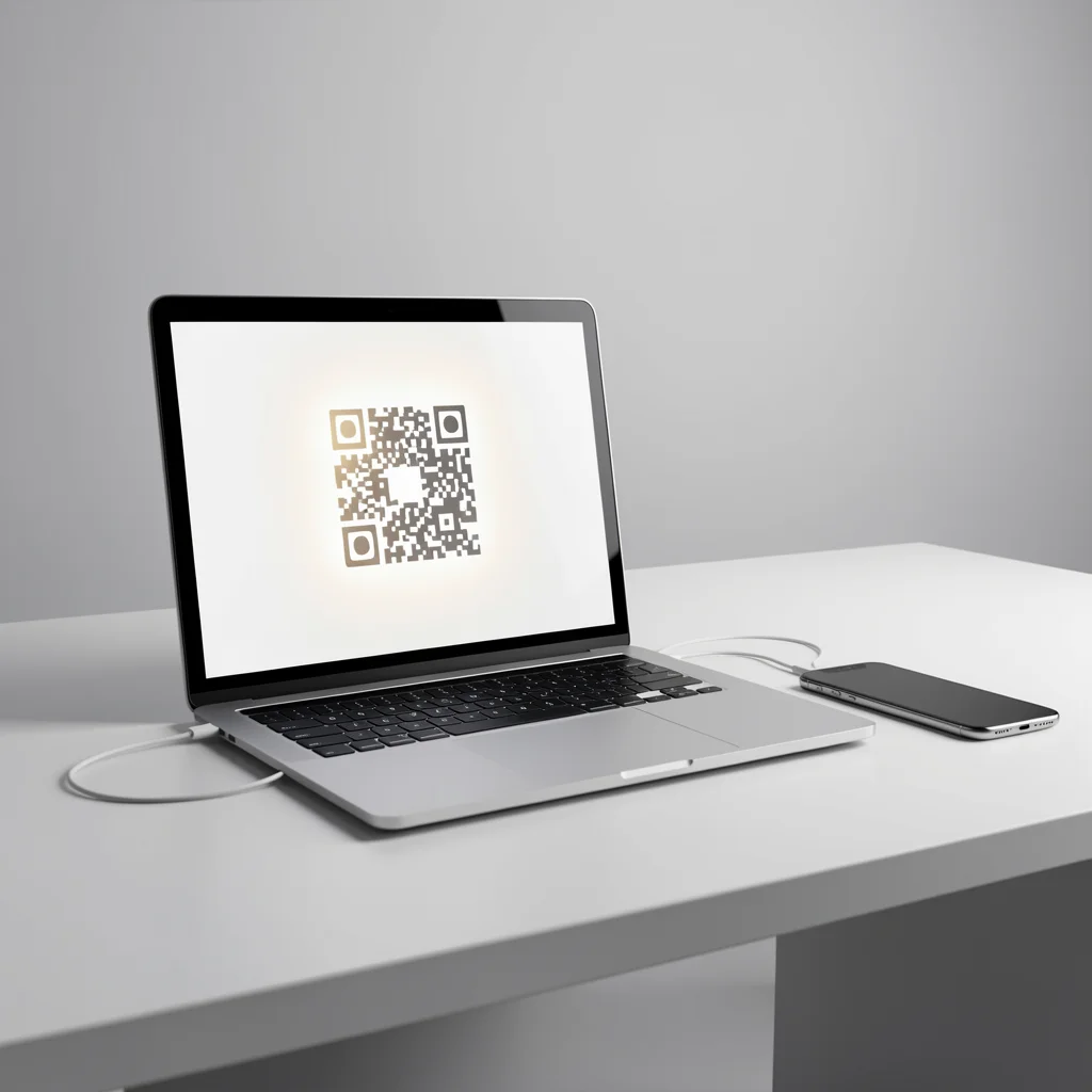 Notebook com tela exibindo QR code do WhatsApp Web ao lado de smartphone desconectado, em mesa minimalista com iluminação suave