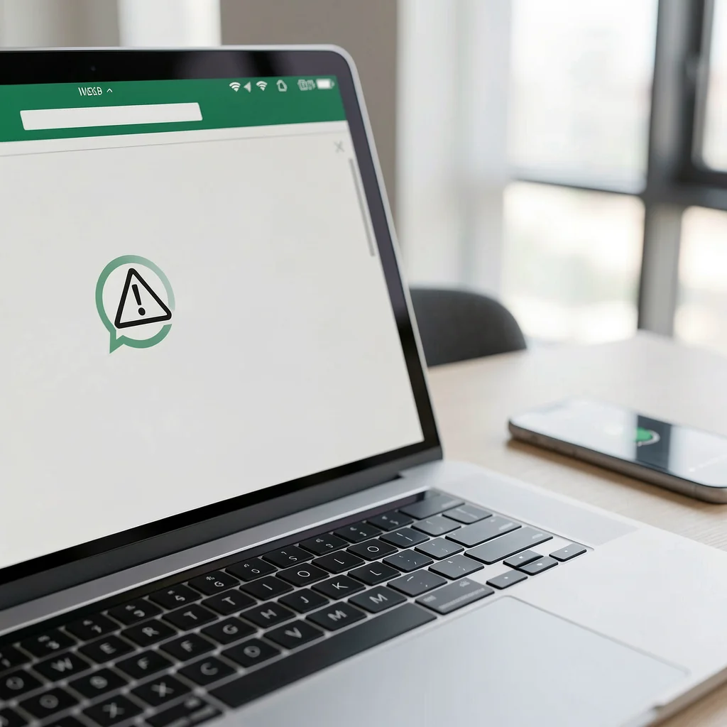 Close da tela de um notebook com interface do WhatsApp Web e ícone de alerta, ao fundo um celular desfocado