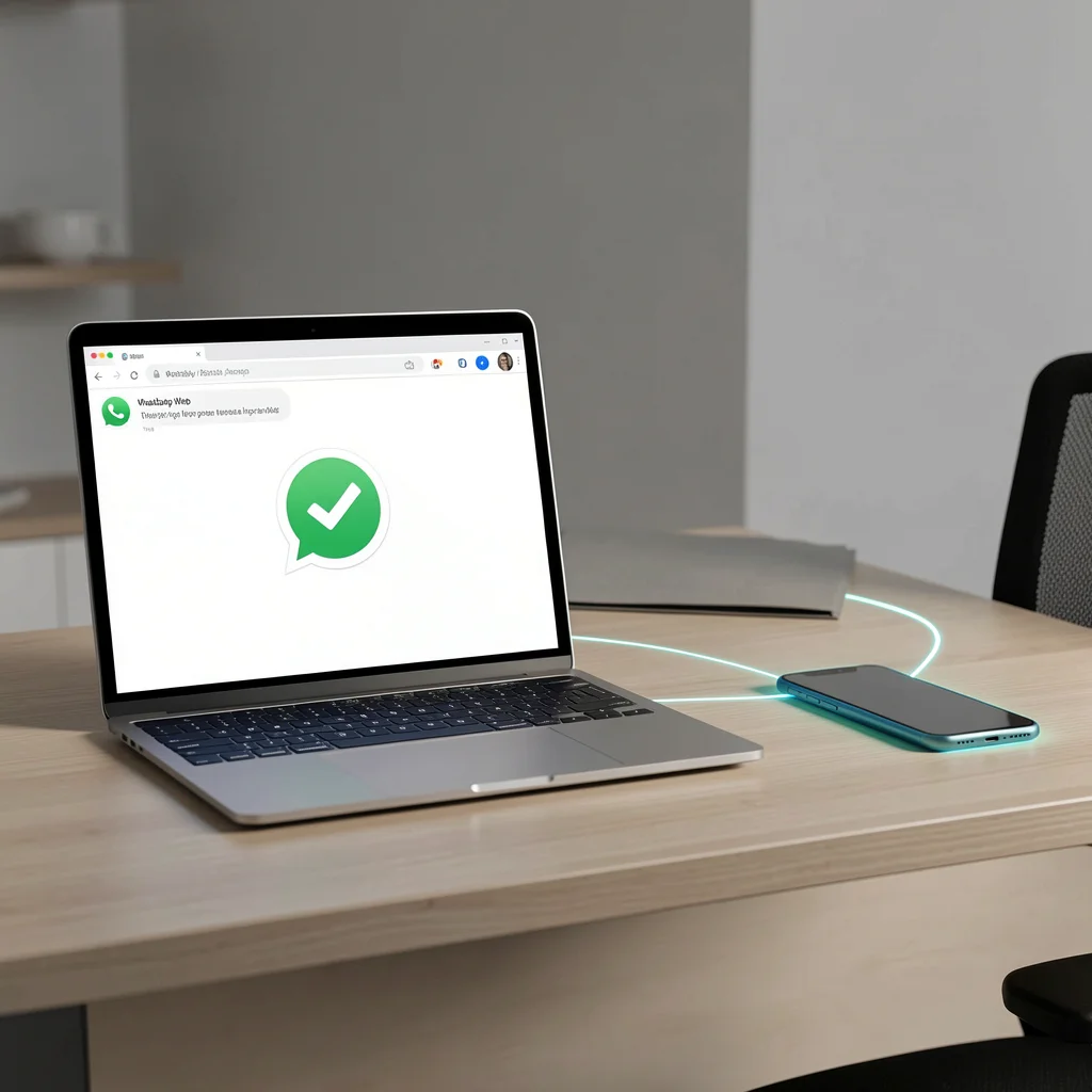 Notebook com WhatsApp Web exibindo ícone de confirmação verde, smartphone distante sobre a mesa, ambos com linhas de conexão sutis