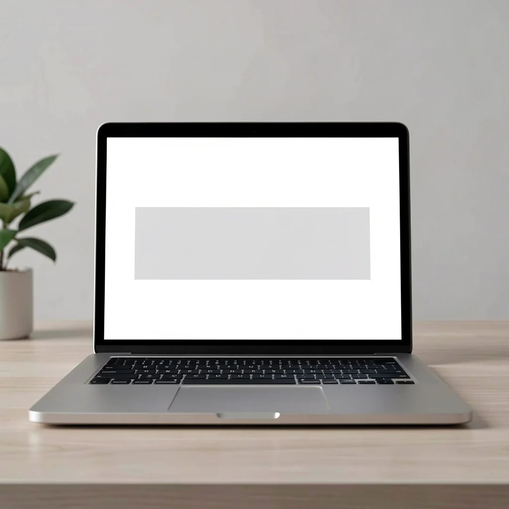 Mockup de landing page em notebook prata com seção de depoimentos vazia em fundo de mesa limpo, representando falta de prova social