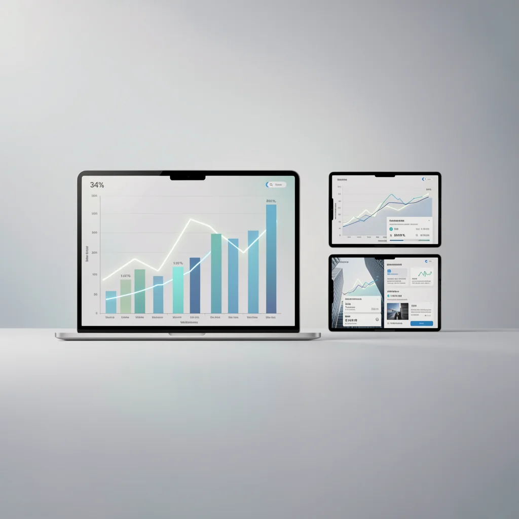 Gráfico de barras minimalista mostrando aumento de 34% nas conversões, com design corporativo elegante