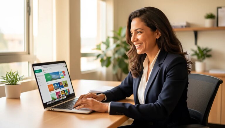 Criador de site vale a pena para empresas? Veja quando faz sentido Mulher empreendedora feliz usando criador de site no notebook