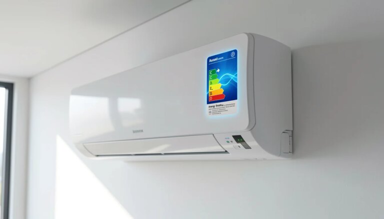 Ar-condicionado inverter moderno na parede com etiqueta de eficiência energética