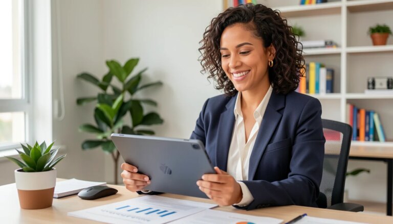 Mulher profissional analisando documentos financeiros em tablet em escritório moderno