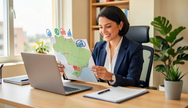 Empresária analisando mapa de negócios no Brasil