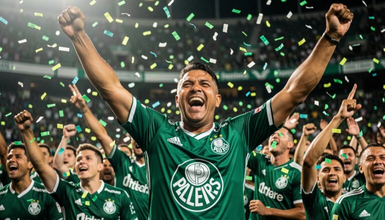 Torcedor do Palmeiras comemorando no estádio com confetes.