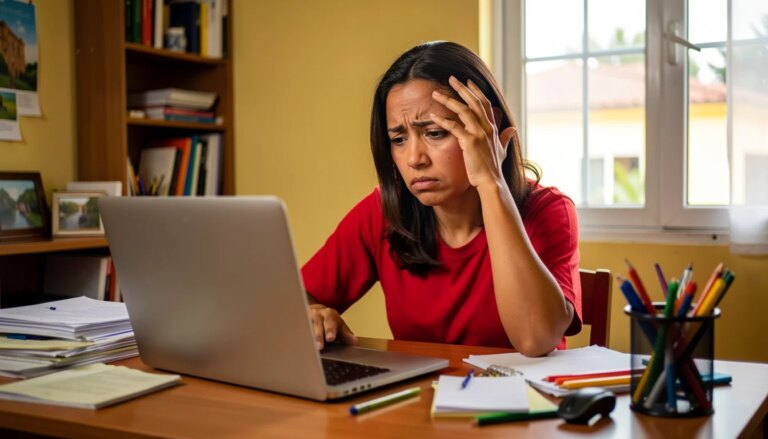 Como Escolher a Melhor Hospedagem de Sites em 2026: Guia Prático Mulher frustrada olhando para laptop em casa