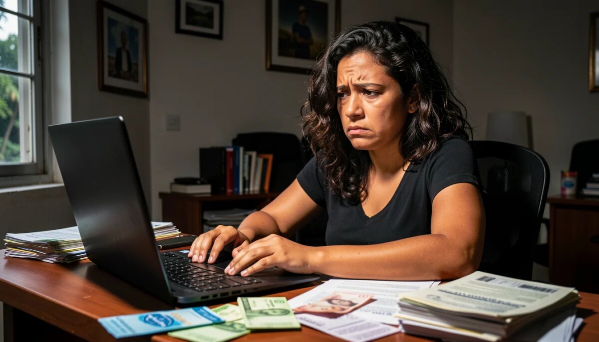 Mulher frustrada em home office com contas e recibos espalhados