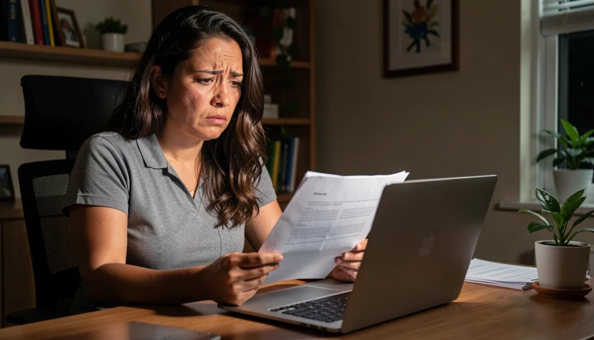 Consultar Cnpj Receita: guia completo e gratuito para evitar fraudes Mulher estressada consultando CNPJ no laptop em casa.