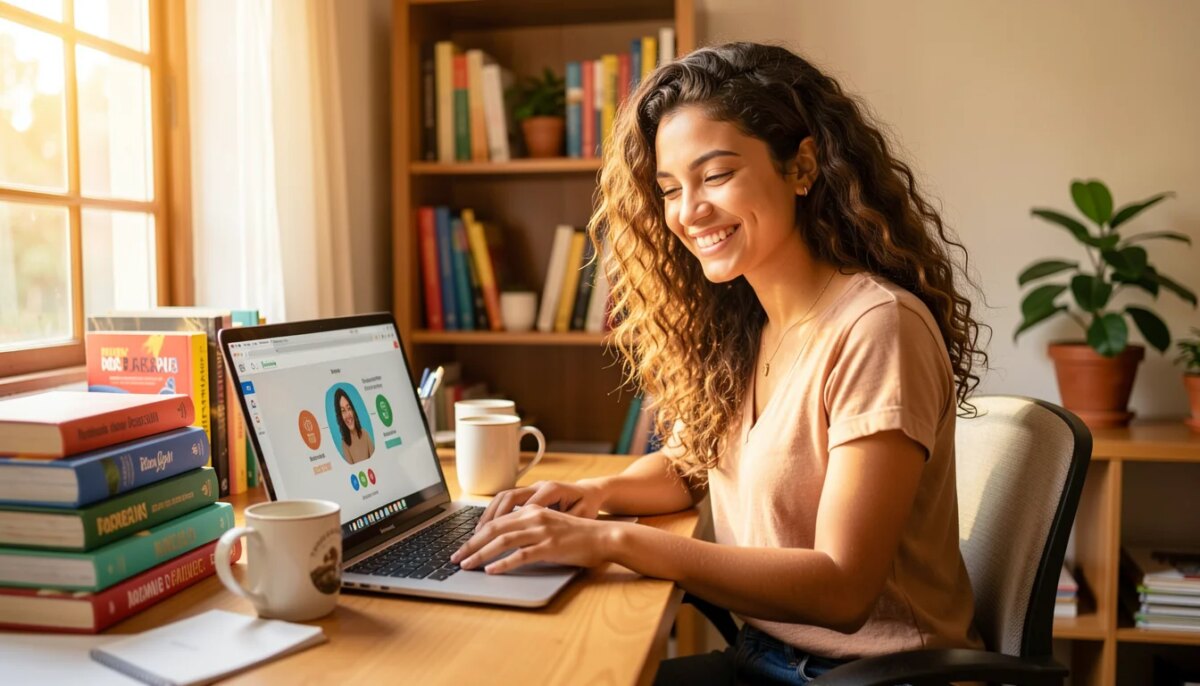 Mulher jovem estudando em laptop em casa, sorrindo, com interface de EAD na tela.