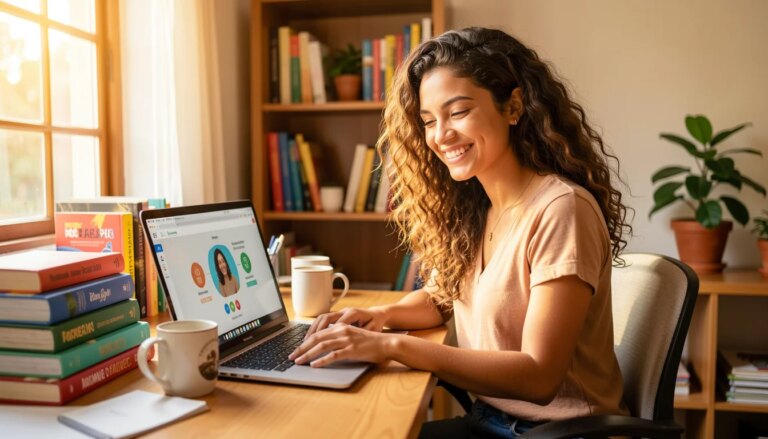 O que é EAD? Guia prático para entender a educação a distância Mulher jovem estudando em laptop em casa, sorrindo, com interface de EAD na tela.