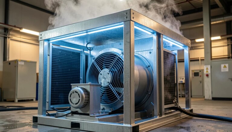 Eficiência térmica e produtividade: o papel dos sistemas de resfriamento na indústria Chiller industrial a ar em fábrica com detalhes metálicos e condensação