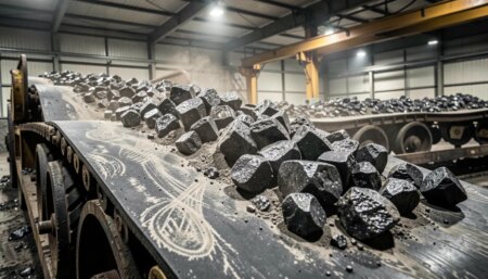 Correia transportadora de borracha transportando minério de ferro em mineração
