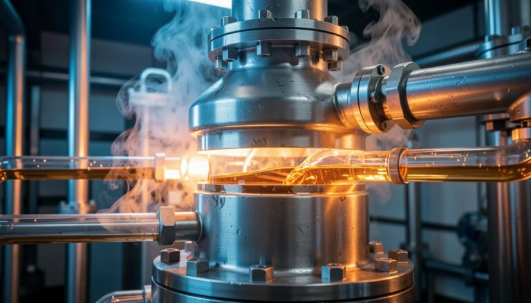 Trocador de calor industrial com líquido laranja brilhante e vapor