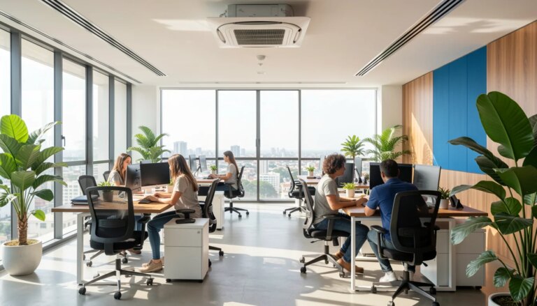 Escritório moderno com ar condicionado no teto e luz natural.