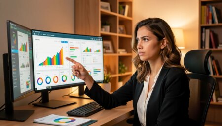 Mulher analisando gráficos de campanhas de anúncios em monitor