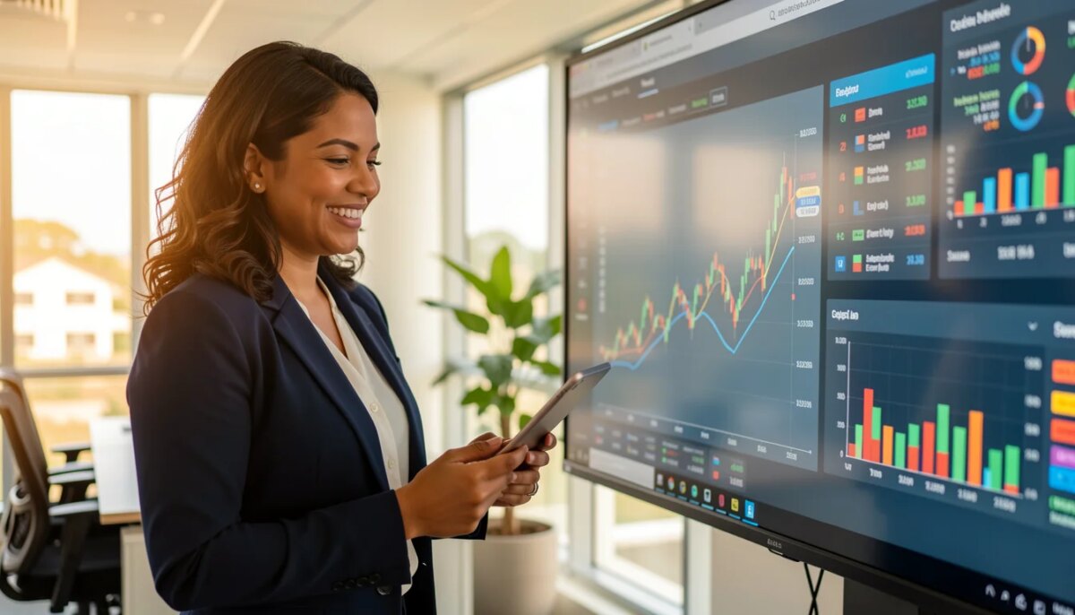 Como dados e inteligência analítica ajudam empresas de Mato Grosso do Sul a tomar decisões mais seguras Empresária analisando dados financeiros em escritório moderno em Campo Grande