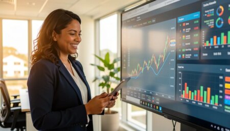 Empresária analisando dados financeiros em escritório moderno em Campo Grande