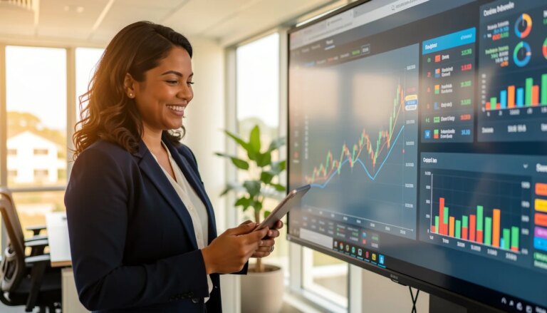 Como dados e inteligência analítica ajudam empresas de Mato Grosso do Sul a tomar decisões mais seguras Empresária analisando dados financeiros em escritório moderno em Campo Grande