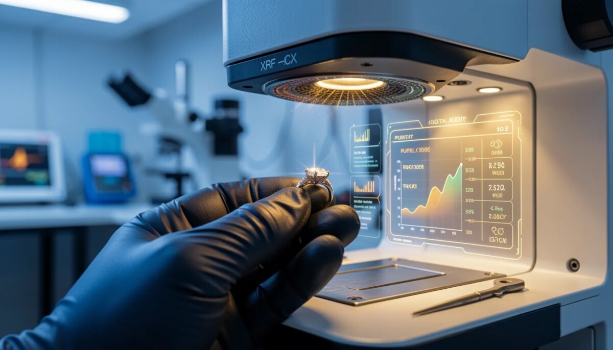 Controle de qualidade e auditoria digital: a tecnologia a serviço da transparência no mercado de joias Joalheiro analisa anel de diamante com espectrômetro de raios X em laboratório moderno.