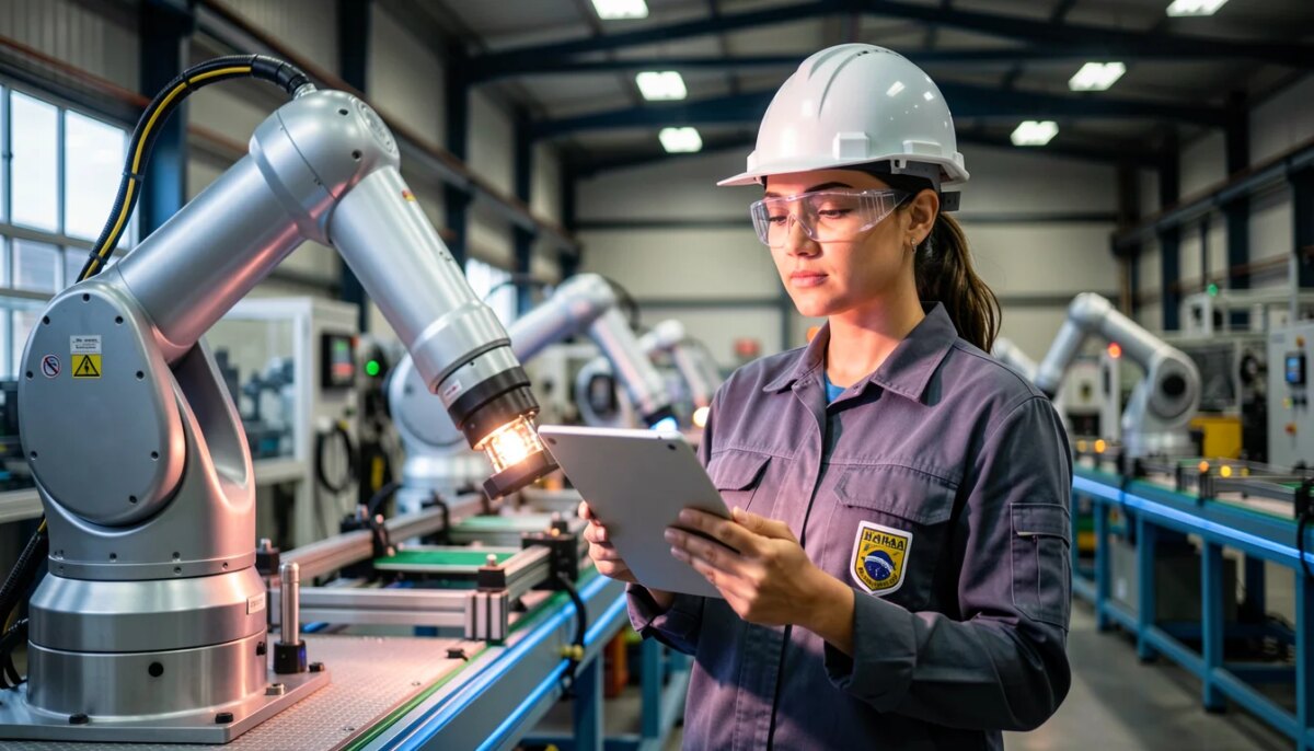 Engenheira brasileira inspecionando robô industrial em fábrica moderna