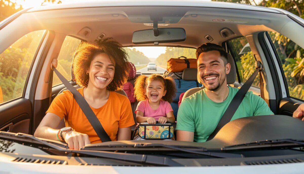 Viagem de carro com criança: checklist para sair de férias sem perrengues Família feliz viajando de carro com criança no banco de trás
