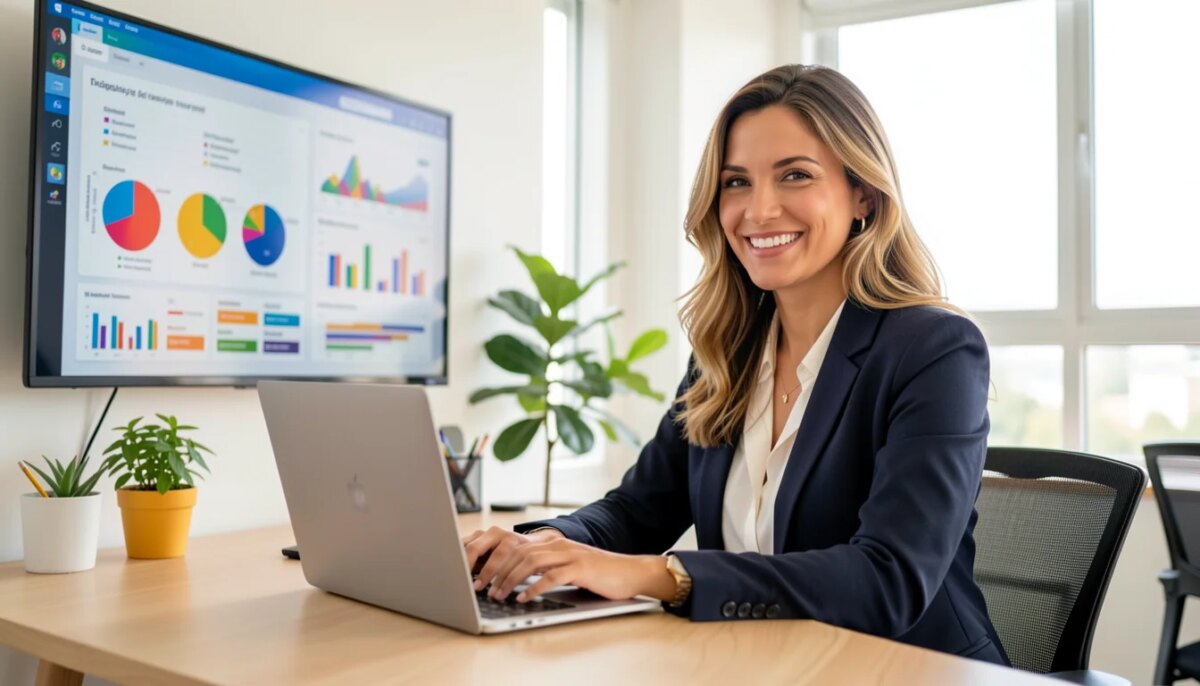 Mulher empreendedora sorridente trabalhando em laptop em escritório moderno