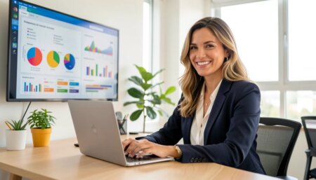 Melhores empresas para fazer sites em 2026: conheça as principais opções Mulher empreendedora sorridente trabalhando em laptop em escritório moderno