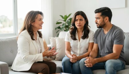 Psicóloga brasileira em consultório moderno acolhendo casal durante terapia.