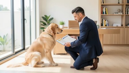 Saúde do pet além do veterinário: 5 pilares para uma vida longa e sem sustos Empresário brasileiro com cachorro saudável em casa, cuidando da prevenção da saúde do pet