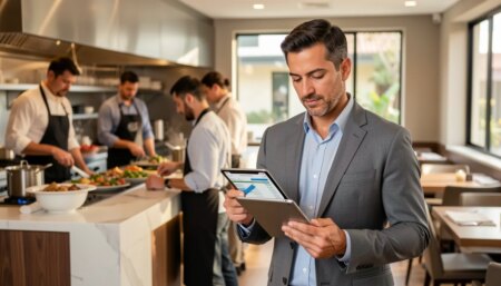Como reduzir custos operacionais em restaurantes sem comprometer a qualidade Gestor de restaurante analisando custos operacionais em tablet na cozinha moderna.